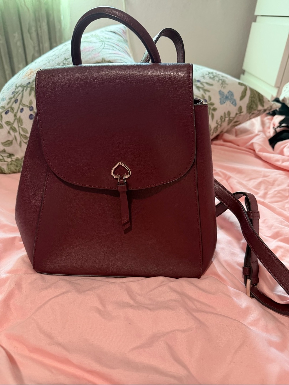 kate spade burgundy leather backpack with heart clasp